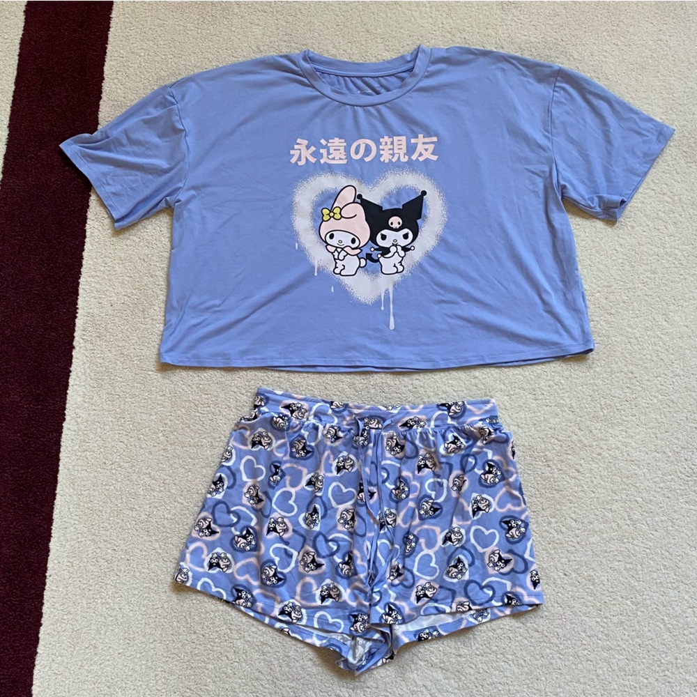 Sanrio Women’s Kuromi and My Melody Cute Blue Pajama Set - Tee and Shorts - XL